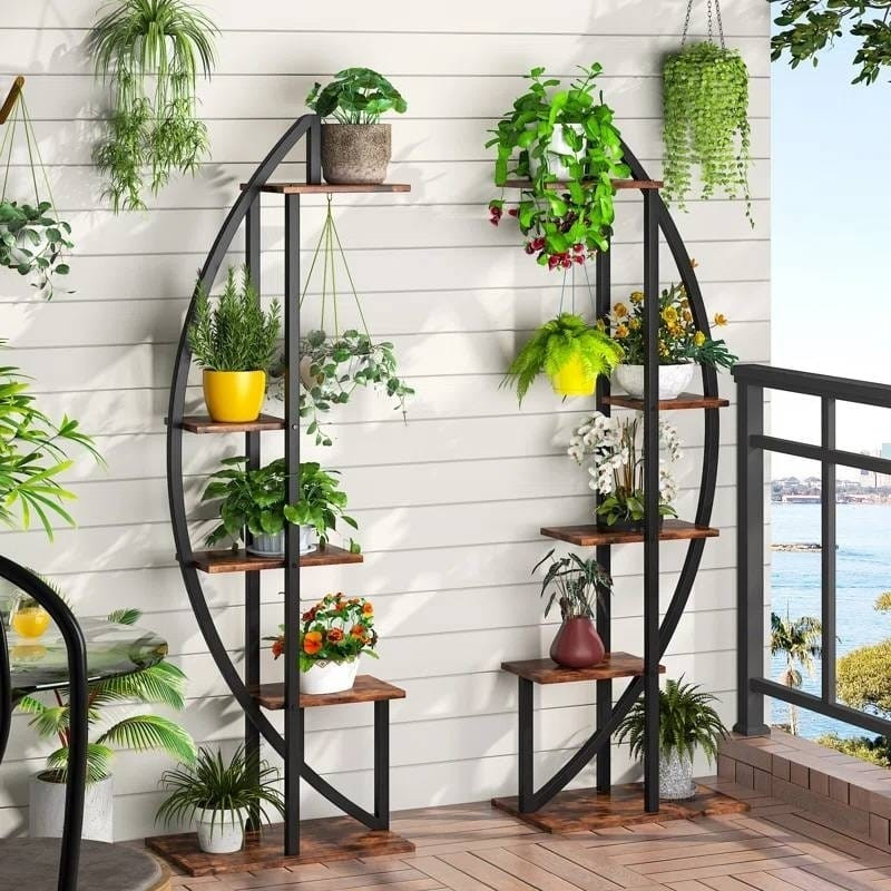 Set of 2 - Symmetrical Modern Metal Wood 10-Shelf Plant Stand