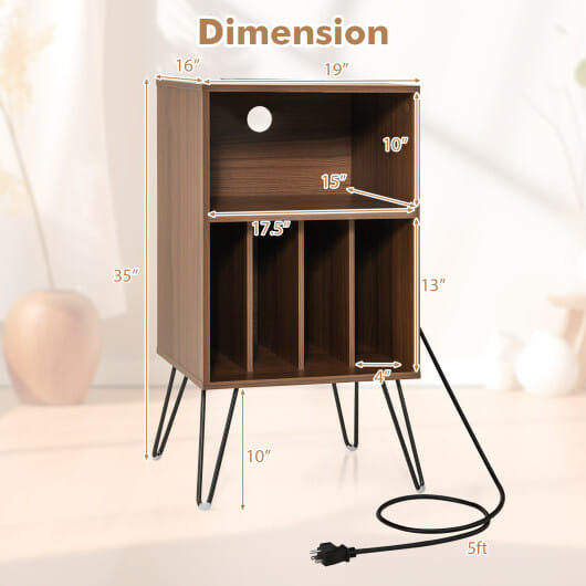 Record Player Stand with Charging Station for Living Room Bedroom-Rustic Brown