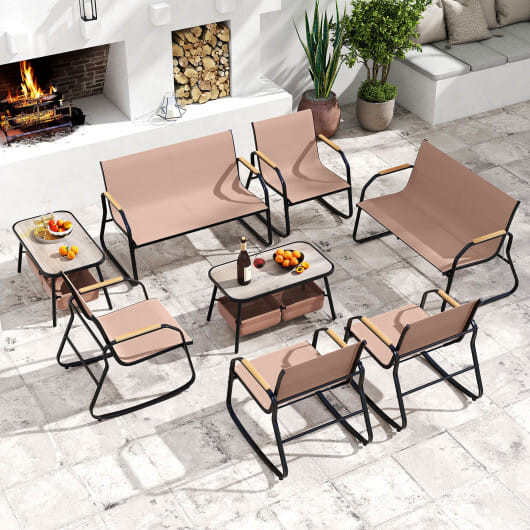 4 Pieces Patio Furniture Set with Rocking Bistro Chairs and Breathable Mesh Fabric-Coffee