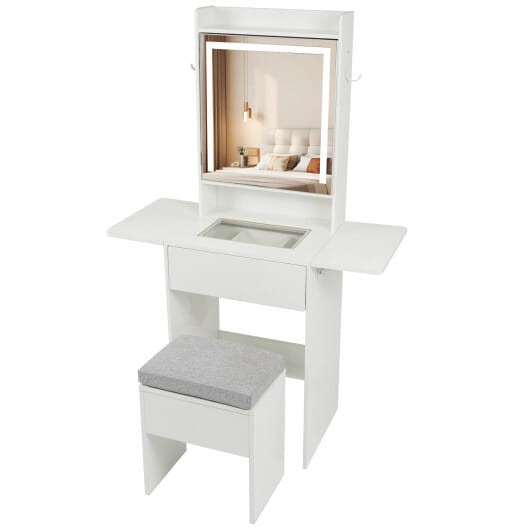 Space-saving Vanity Desk with Mirror and Lights for Bedroom-White