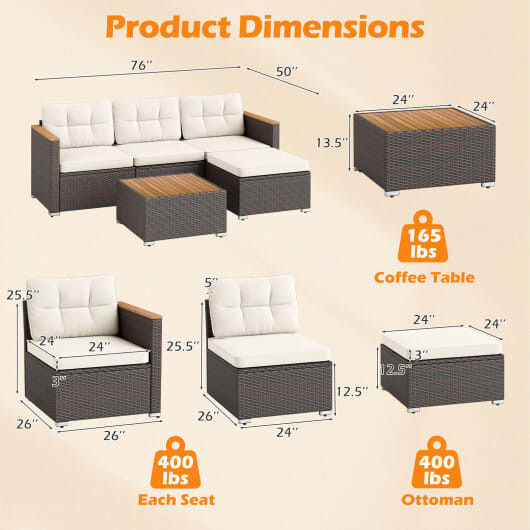 5-Piece Wicker Conversation Set Rattan Set with Cushions and Coffee Table-White