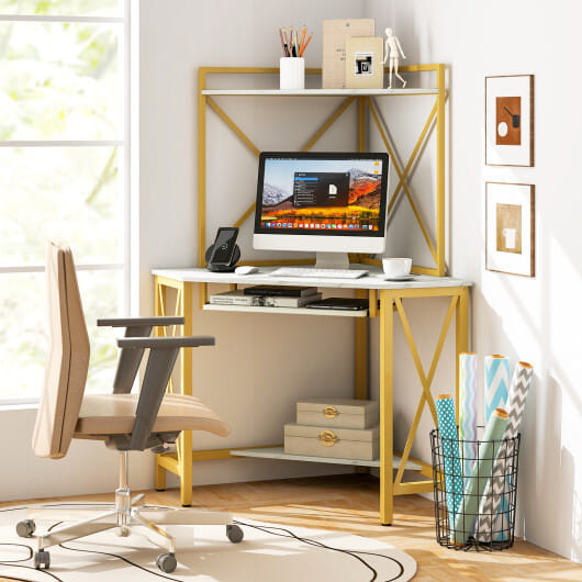 Space-Saving Corner Computer Desk with with Hutch and Keyboard Tray-Rust Brown