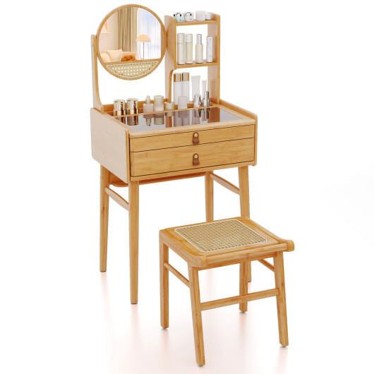Small Vanity Desk and Stool Set with Mirror and 2 Drawers
