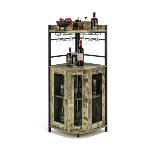 Industrial Corner Bar Cabinet with Glass Holder and Adjustable Shelf-Taupe