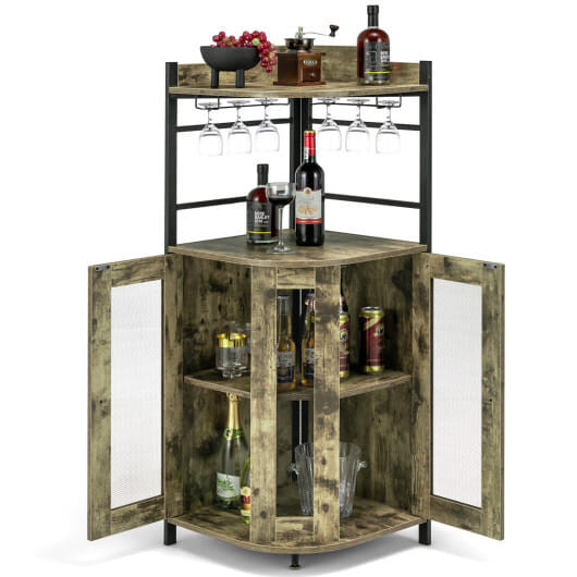 Industrial Corner Bar Cabinet with Glass Holder and Adjustable Shelf-Taupe