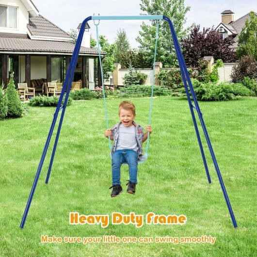 Outdoor Kids Swing Set with Heavy-Duty Metal A-Frame and Ground Stakes-Orange