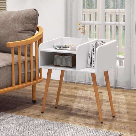 Mid Century Modern Nightstand  with Open Shelves-Brown