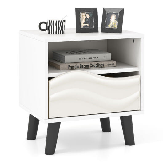 Nightstand Mid Century Modern Bedside Table with 3D Wavy Pattern and Open Shelf-White