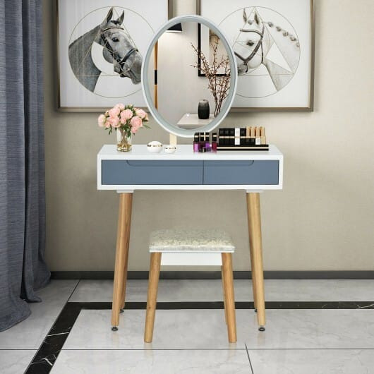 Touch Screen Vanity Makeup Table Stool Set with Lighted Mirror-White