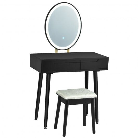 Touch Screen Vanity Makeup Table Stool Set with Lighted Mirror-White