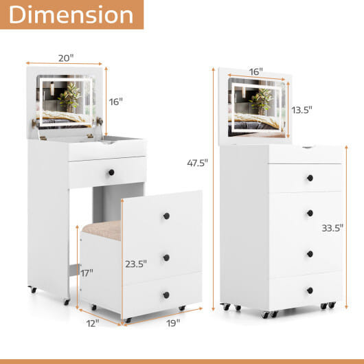 3-in-1 Vanity Set with Cushioned Stool and Flip-up Mirror-White