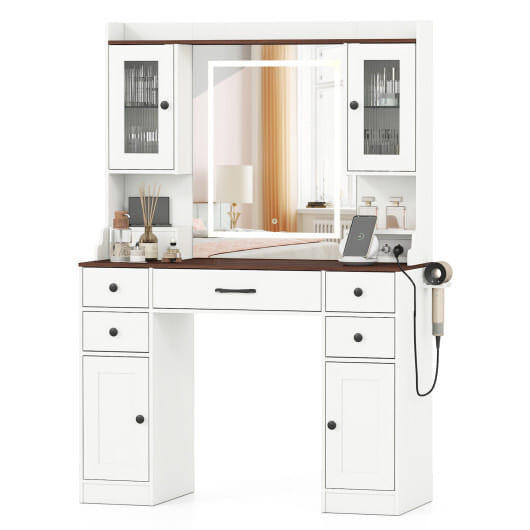 41.5 Inch Makeup Dressing Table with Power Outlets and 3 Color Lighting Modes-White+