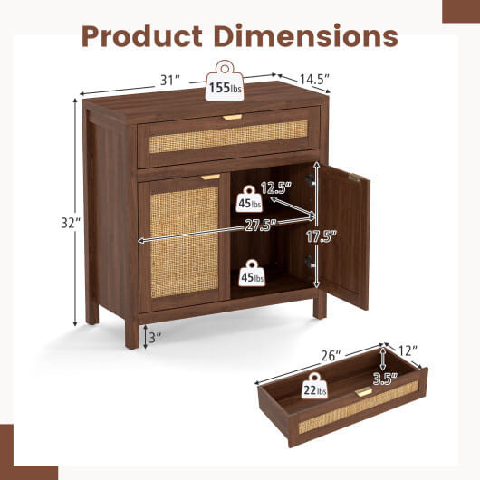 Sideboard Storage Cabinet with Rattan Doors and Drawer-Brown