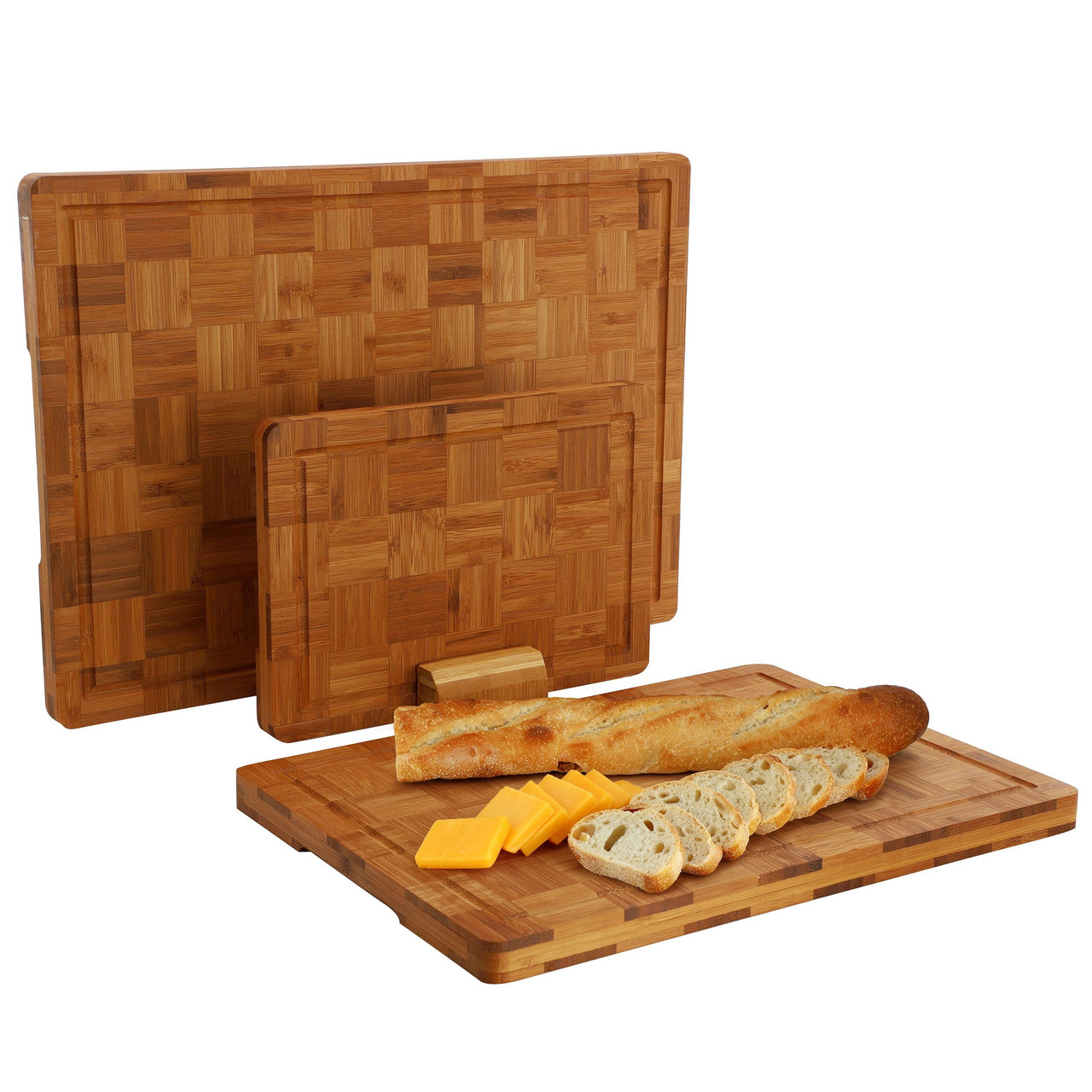 MegaChef 3 Piece Bamboo Checkered Pattern Cutting Board Set with Storage Holder