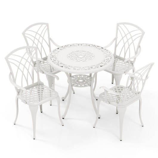 5 Piece Patio Cast Aluminum Dining Table Chair Set Bistro Set with Umbrella Hole-White