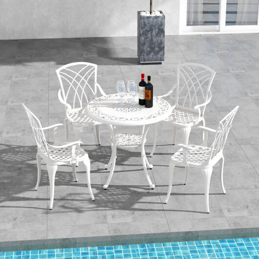 5 Piece Patio Cast Aluminum Dining Table Chair Set Bistro Set with Umbrella Hole-White