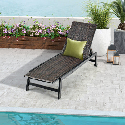 Patio PE Rattan Chaise Lounge with 5-Level Backrest and Wheels-Brown