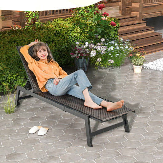 Patio PE Rattan Chaise Lounge with 5-Level Backrest and Wheels-Brown