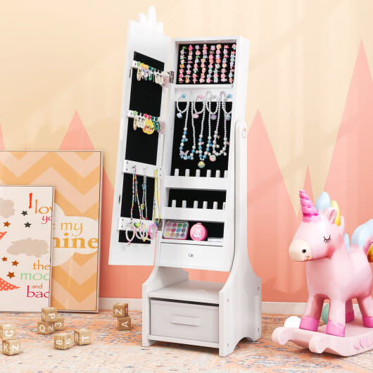 Kids Princess Vanity Table and Stool Set with Jewelry Cabinet and Mirror Drawer-White