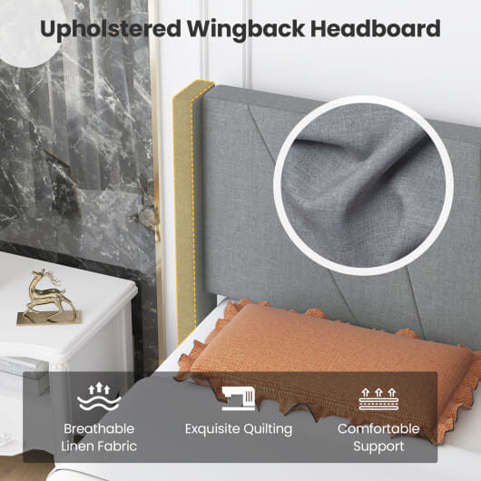 Twin/Queen Bed Frame with Linen Upholstered Wingback Headboard-Twin Size