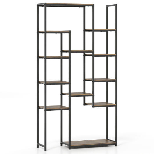 71 Inch Tall Vintage Geometric  Bookshelf 12 Open Shelves-Walnut