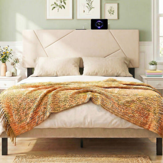 Headboard for Full Size Bed and Queen Geometric Upholstered Head Board-Gray