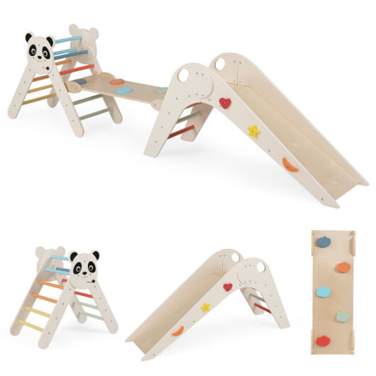 Triangle Set Foldable Kids Climbing Toys Panda-Themed Wood Montessori Climbing Set-Macaron