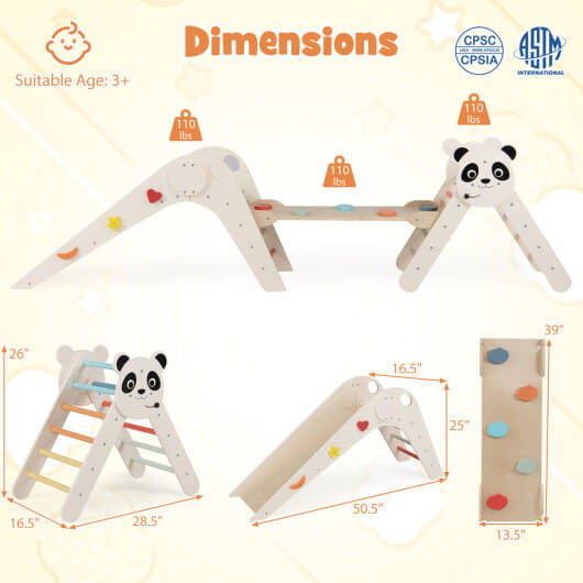 Triangle Set Foldable Kids Climbing Toys Panda-Themed Wood Montessori Climbing Set-Macaron