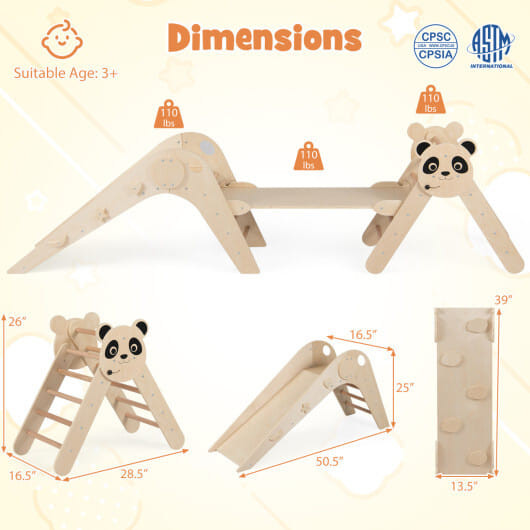 Triangle Set Foldable Kids Climbing Toys Panda-Themed Wood Montessori Climbing Set-Macaron