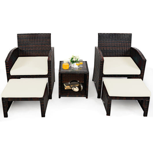 5 Pieces Patio Rattan Furniture Set with Ottoman and Tempered Glass Coffee Table-Gray