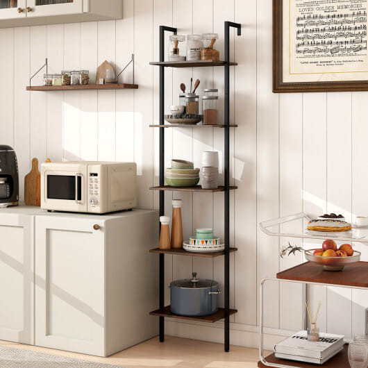 5 Tier Wall Mount Ladder Shelf with Anti-Tipping Kits for Home Office-Rustic Brown