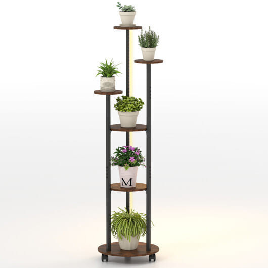 6-tier Plant Stand with RGB Light and Wheels 57inch Tall Indoor Display Shelf Flowerpot Holder-Rust