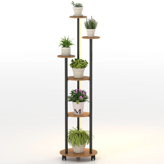 6-tier Plant Stand with RGB Light and Wheels 57inch Tall Indoor Display Shelf Flowerpot Holder-Rust