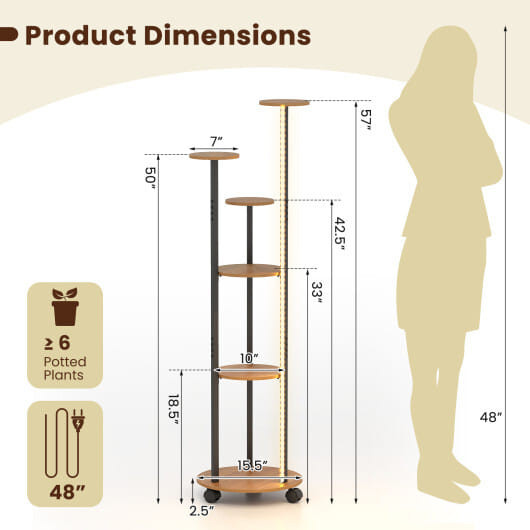 6-tier Plant Stand with RGB Light and Wheels 57inch Tall Indoor Display Shelf Flowerpot Holder-Rust