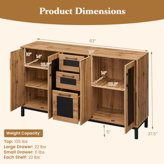 63" Sideboard Buffet Cabinet with 3 Drawers and Storage Shelves-Natural
