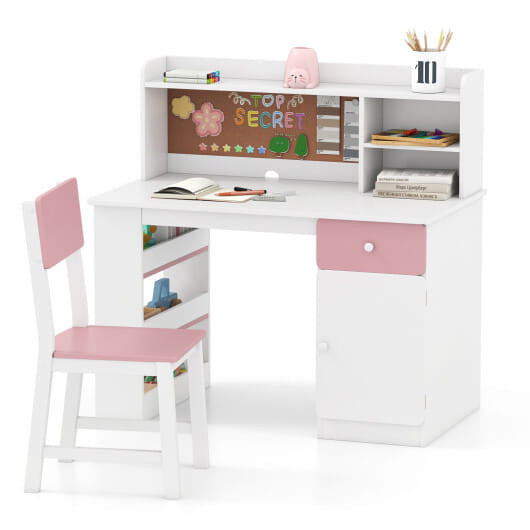 Kids Desk and Chair Set with Hutch and 3-Layer Side Shelf-White