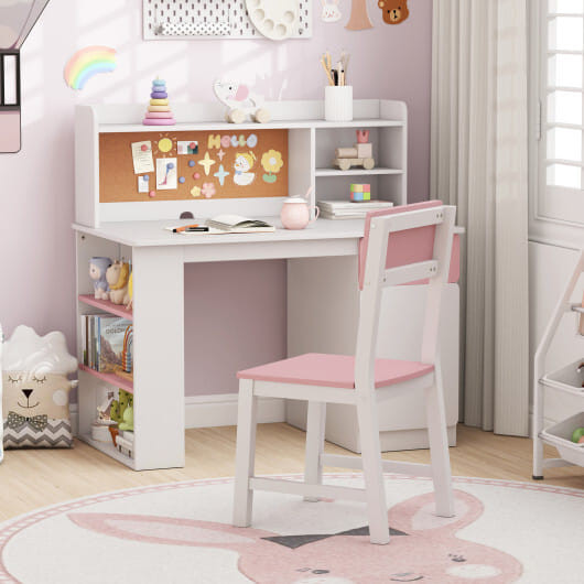 Kids Desk and Chair Set with Hutch and 3-Layer Side Shelf-White