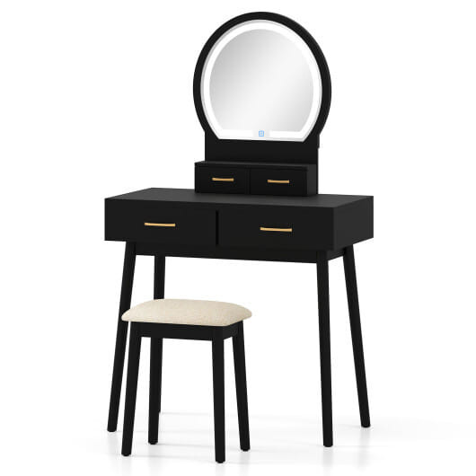 Small Vanity Makeup Dressing Table Set with Cushioned Stool and LED Lighted Mirror-Black
