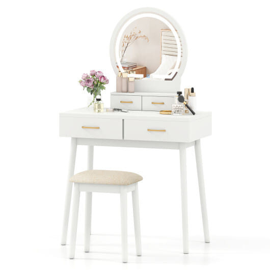 Small Vanity Makeup Dressing Table Set with Cushioned Stool and LED Lighted Mirror-Black