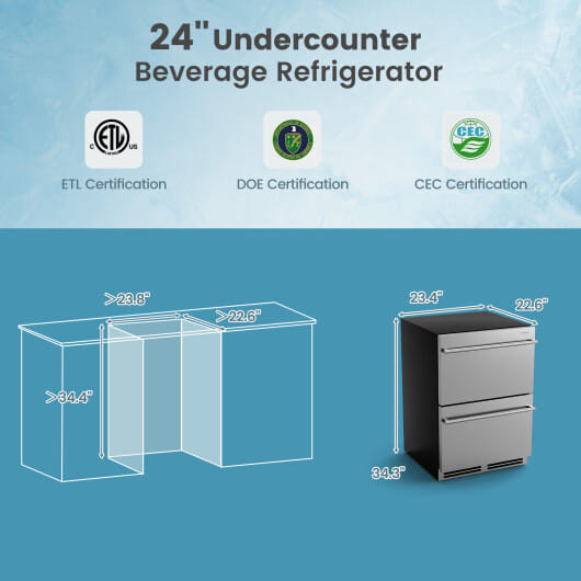 24 Inch Under Counter Dual Drawer Fridge with 37?°F-64?°F Temperature Range-Silver