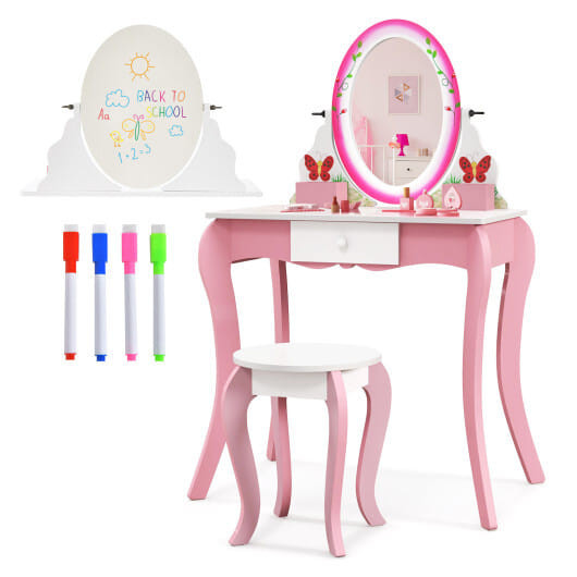 Kids Vanity Table and Stool Set with 360 Rotating Mirror and Whiteboard-Pink