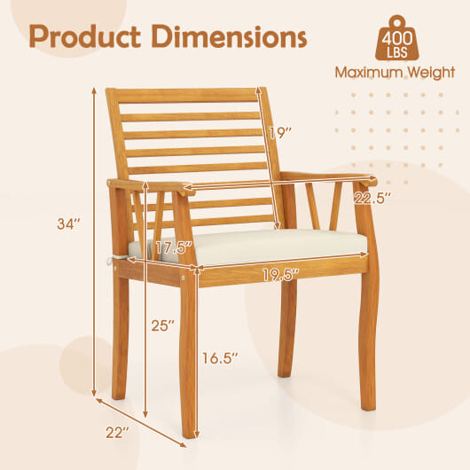 2 Pieces Patio Dining Chairs Outdoor Acacia Wood Armchairs Bistro Conversation Furniture-White