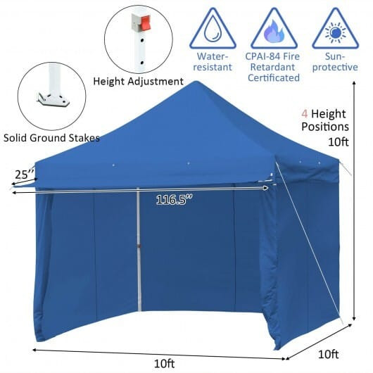 10 x 10 Feet Pop-up Gazebo with 5 Removable Zippered Sidewalls and Extended Awning-Blue