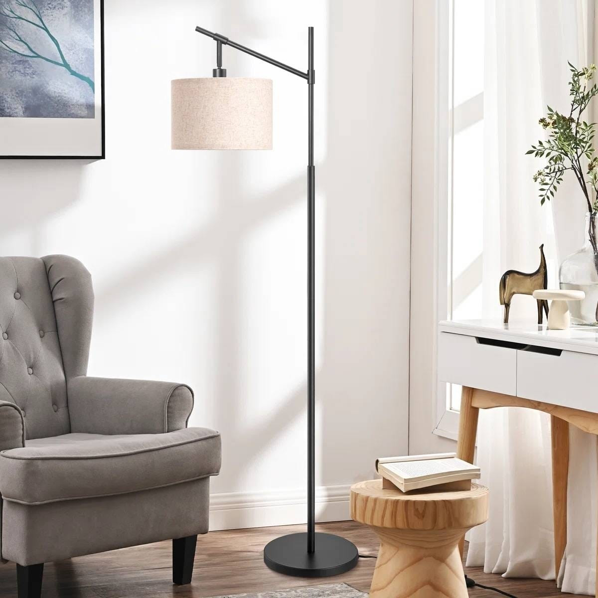 63-inch Black Modern Arc Floor Lamp with Beige Linen Drum Shade