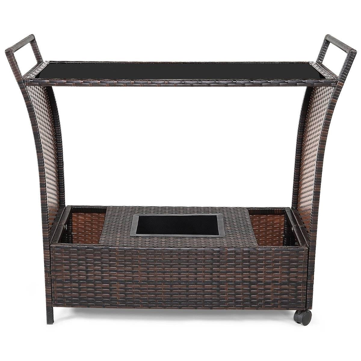 Outdoor Sturdy Resin Wicker Serving Bar Cart Brown Rattan