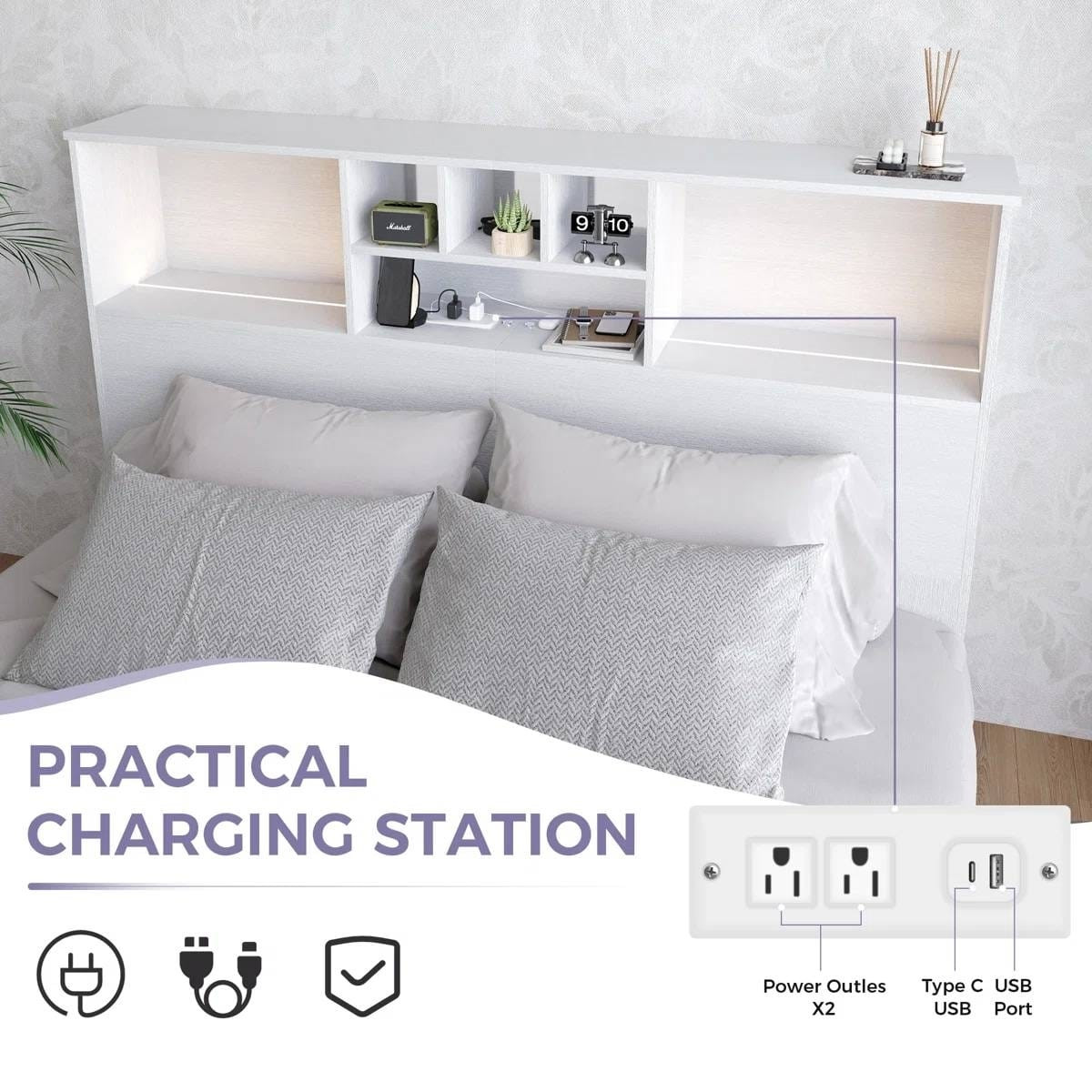 Queen size Bookcase Headboard in White Wood Finish with LED Lights