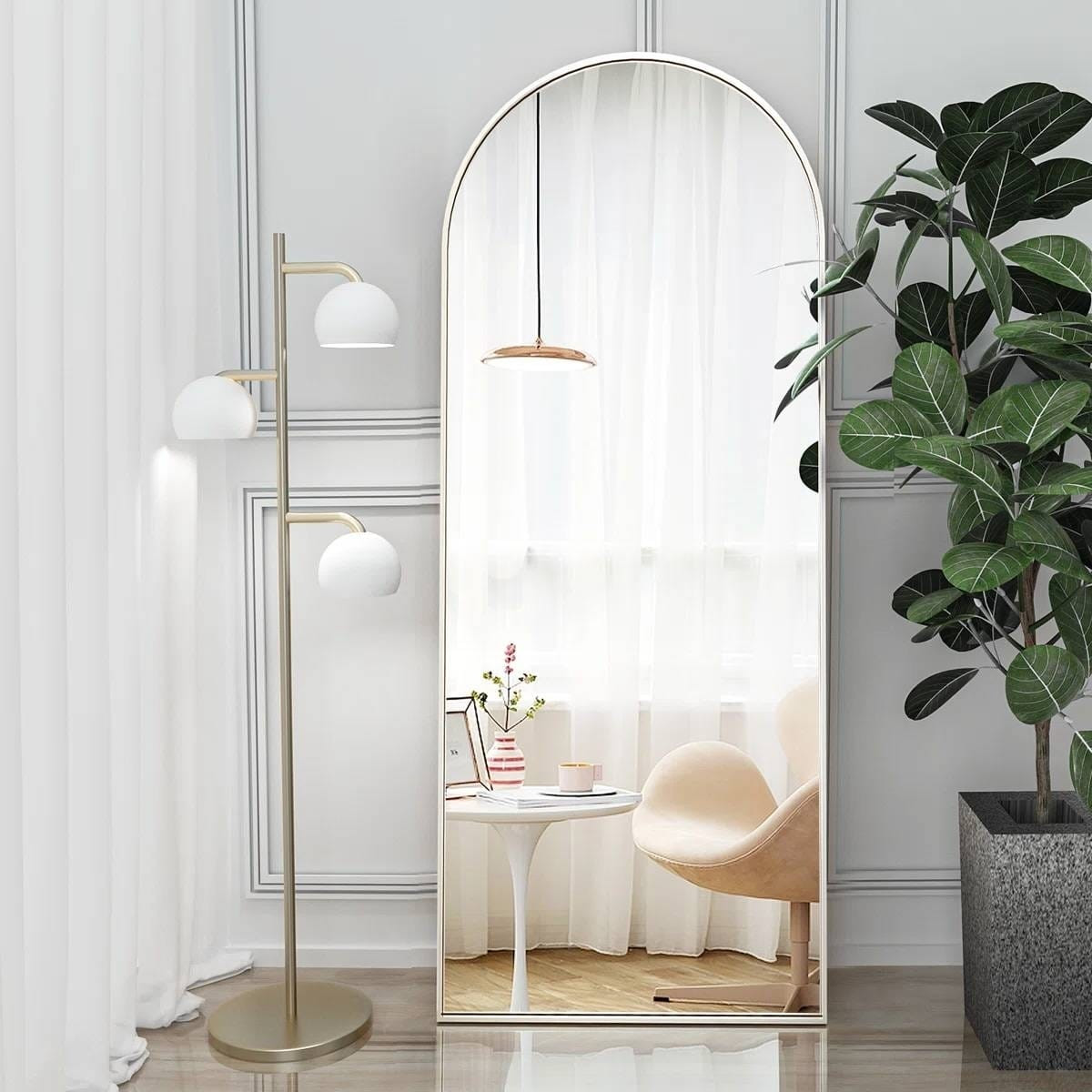 Silver 64-inch Arched Floor Mirror with Stand and Wall Hanging Screws