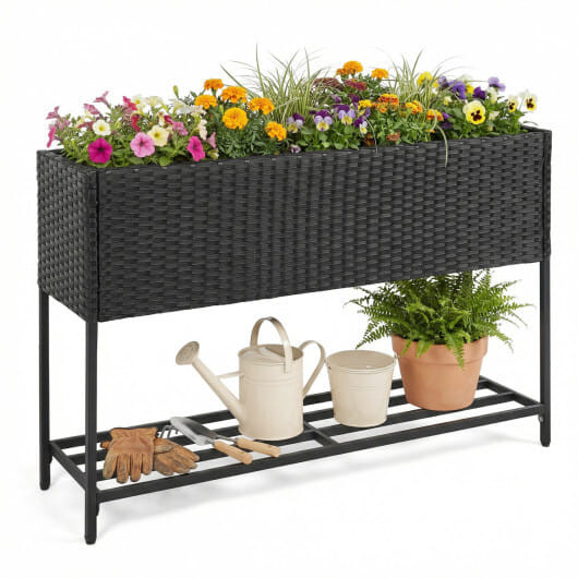 Wicker Raised Garden Bed with Storage Shelf and Drainage Gaps for Flowers
