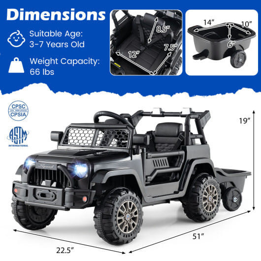 12V Kids Ride On UTV Car with Detachable Trailer-Black