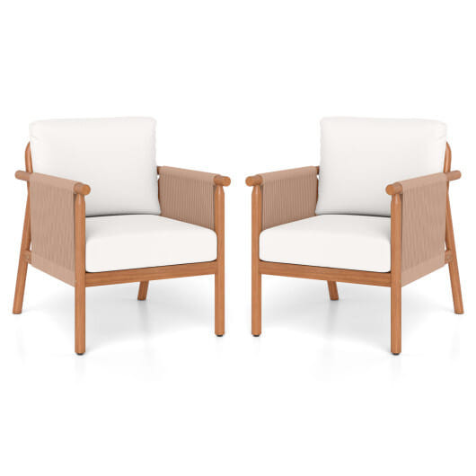 Patio Acacia Wood Chair Set of 2 with Woven Rope Armrests and Seat Back Cushions for Backyard-White